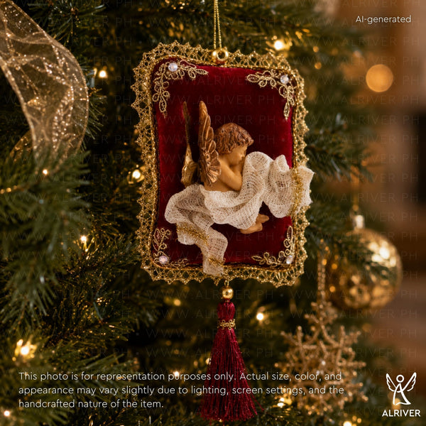 Evie Cherub Burgundy Gold Velvet Pillow Ornament
