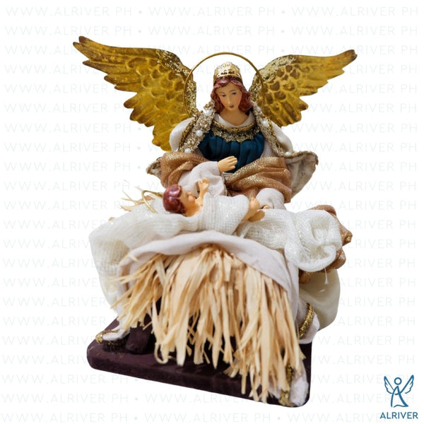 7" Florenza Kneeling Angel with Baby Jesus, Beige with Dark Blue
