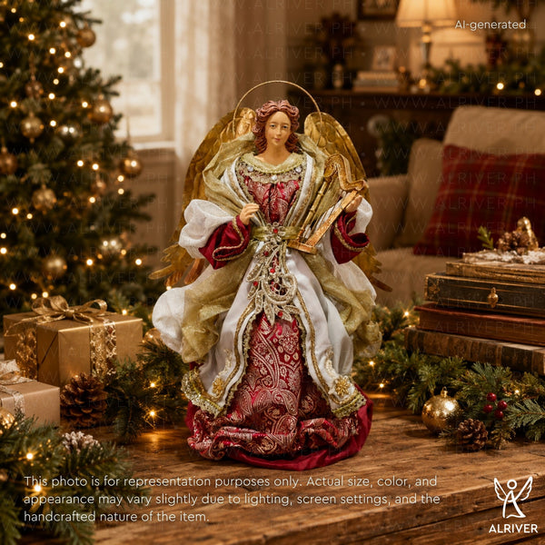 14" Fiorenzia Standing Angel with Harp, Burgundy
