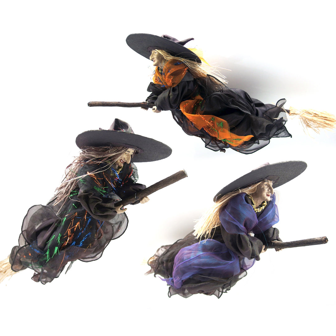 Hanging Witch on Broomstick Ornament Halloween Decor