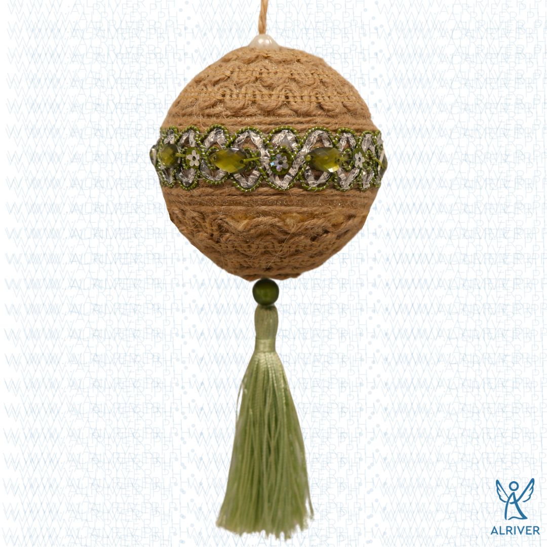 8.5 cm dia Ligaya Jute Hanging Ball Ornament with Green Lace &  Tassel
