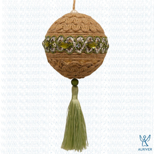8.5 cm dia Ligaya Jute Hanging Ball Ornament with Green Lace &  Tassel