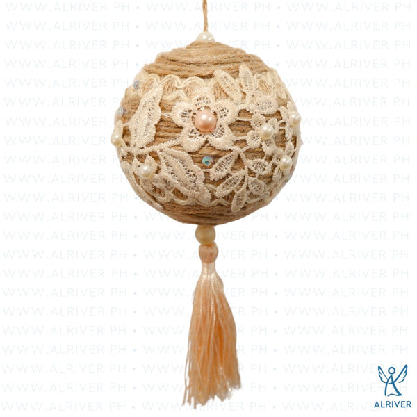 11cm Laila Hanging Ball Ornament with Jute and Flowers, Pearl & Beige Tassel