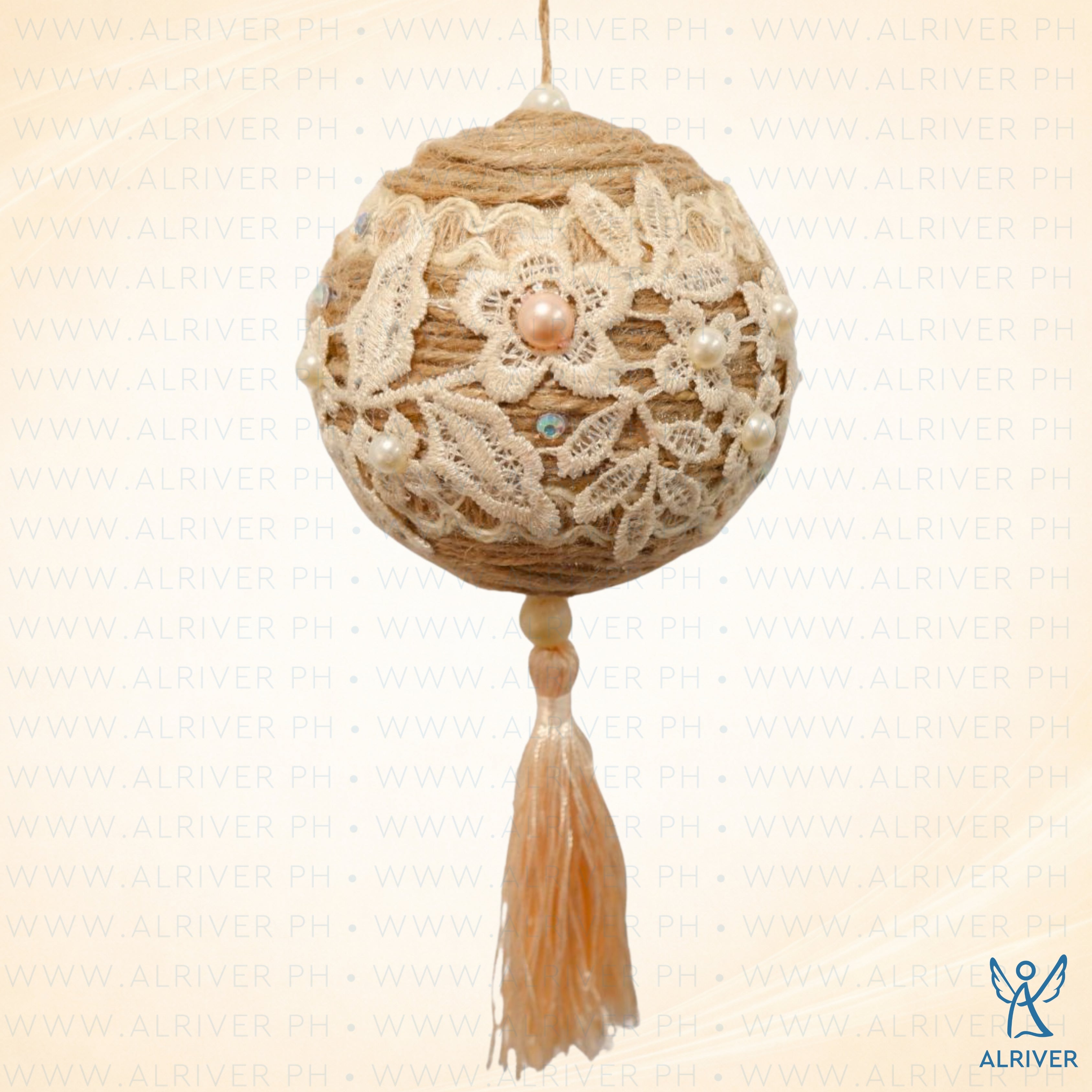 11cm Laila Hanging Ball Ornament with Jute and Flowers, Pearl & Beige Tassel