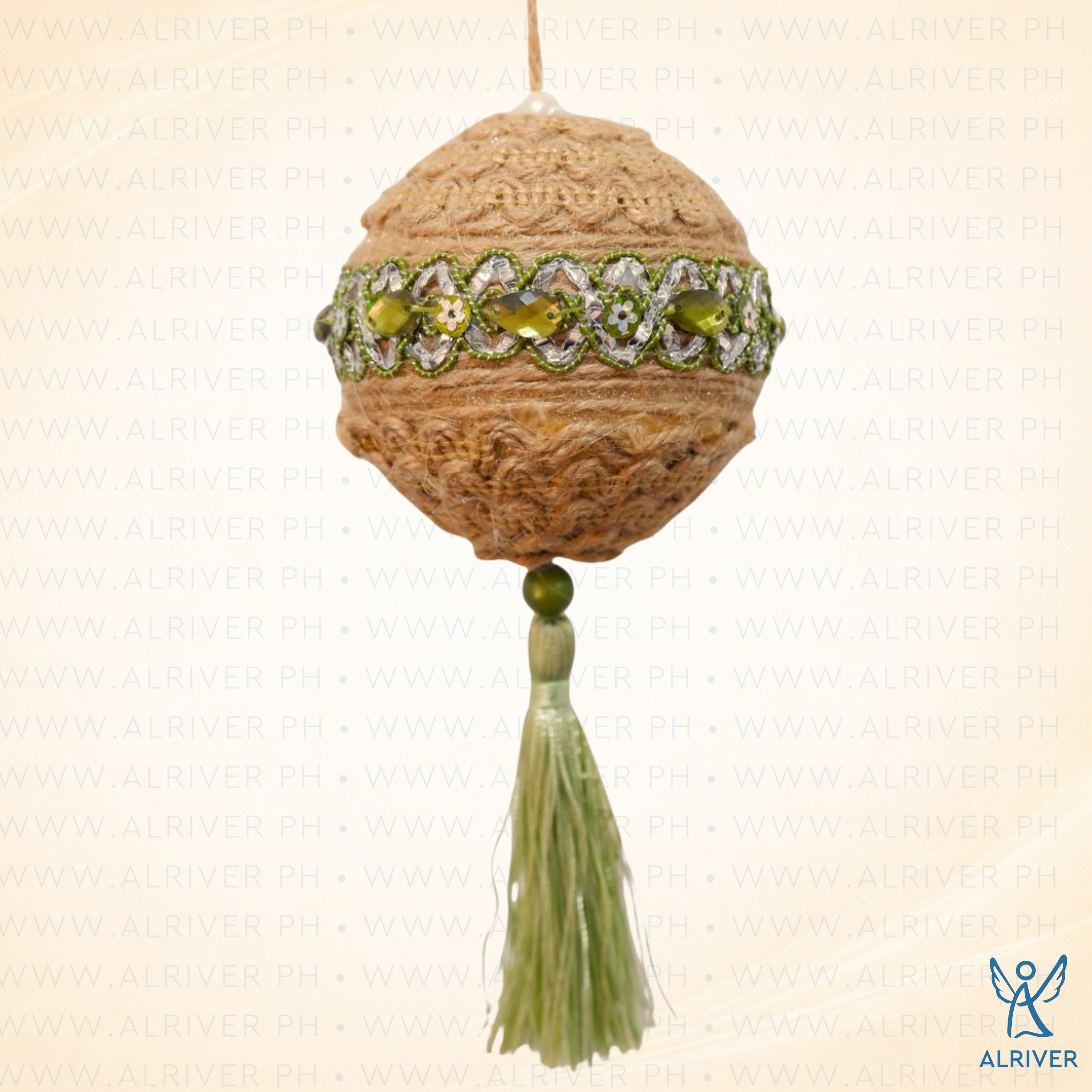 8.5 cm dia Ligaya Jute Hanging Ball Ornament with Green Lace &  Tassel