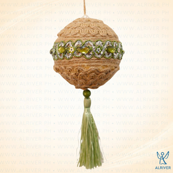 8.5 cm dia Ligaya Jute Hanging Ball Ornament with Green Lace &  Tassel