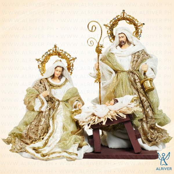 10" Luxurious Holy Family on Base, Beige Gold