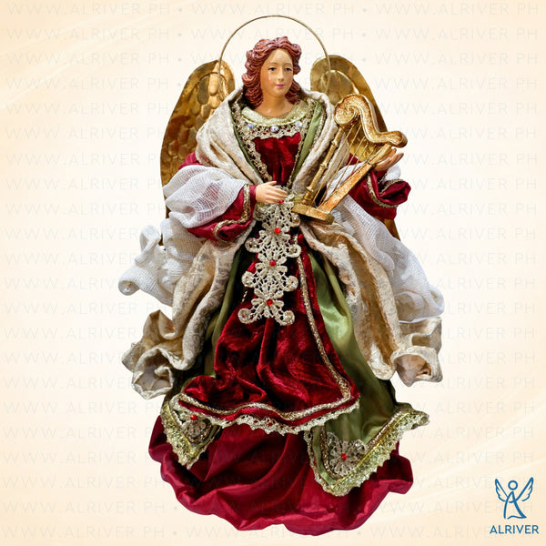 14" Madelyne Standing Angel with Harp, Burgundy Green