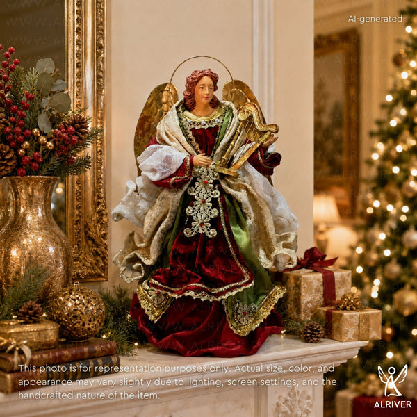 14" Madelyne Standing Angel with Harp, Burgundy Green