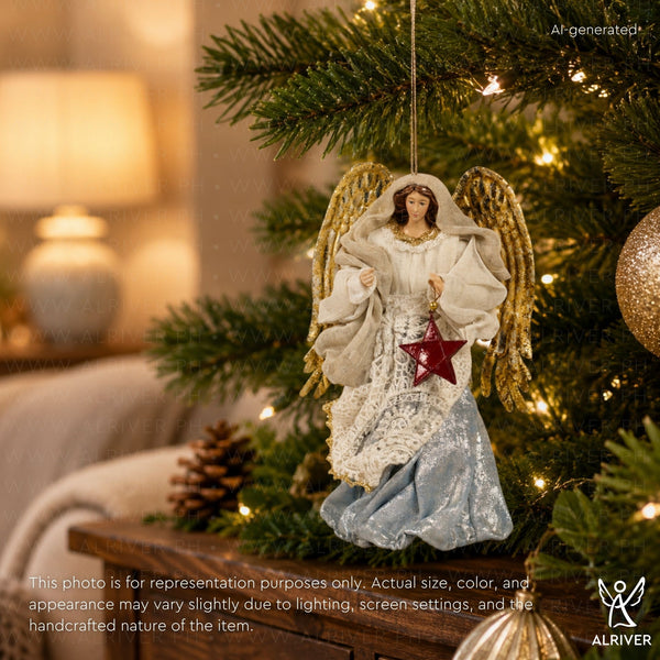 8" Marina Light Blue Christmas Angel with Resin Red Parol in Gift Box