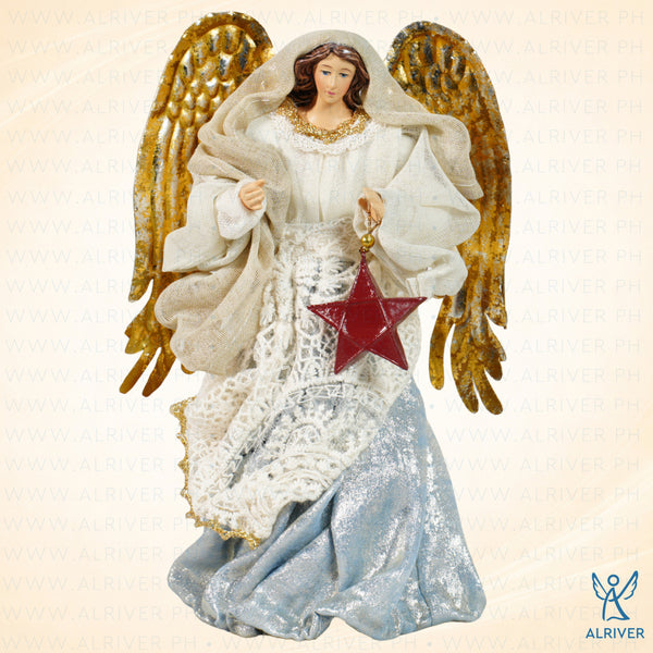 8" Marina Light Blue Christmas Angel with Resin Red Parol in Gift Box