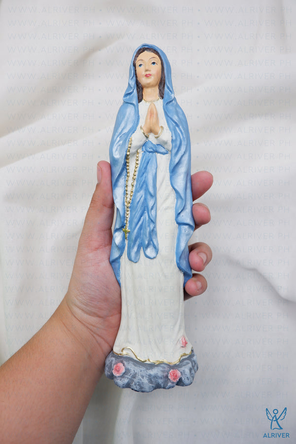 8" Our Lady of Lourdes Resin Figure, Light Blue