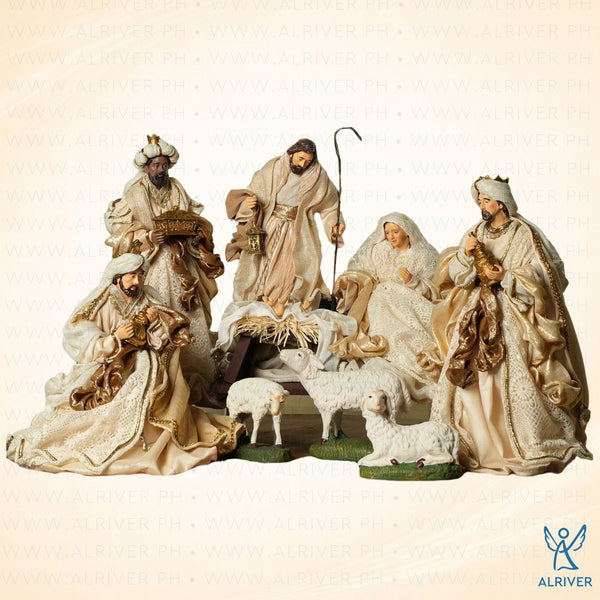 14" Mayumi  Nativity Set with Sheep, Natural Beige