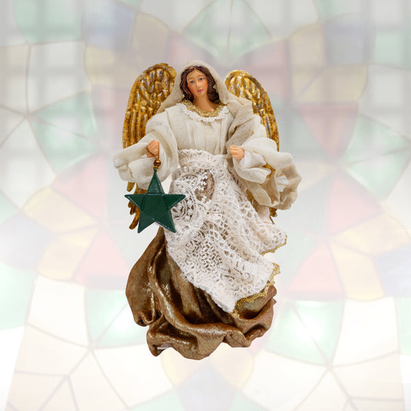 8" Monika Copper Gold Christmas Angel with Resin Green Parol in Gift Box