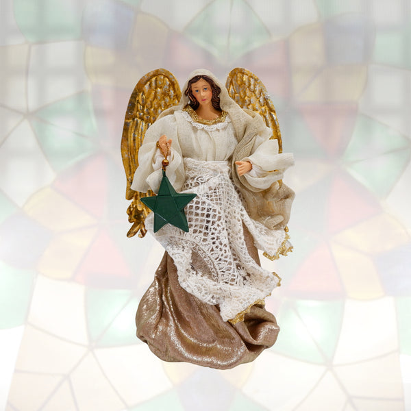 8" Monika Light Gold Christmas Angel with Resin Green Parol in Gift Box