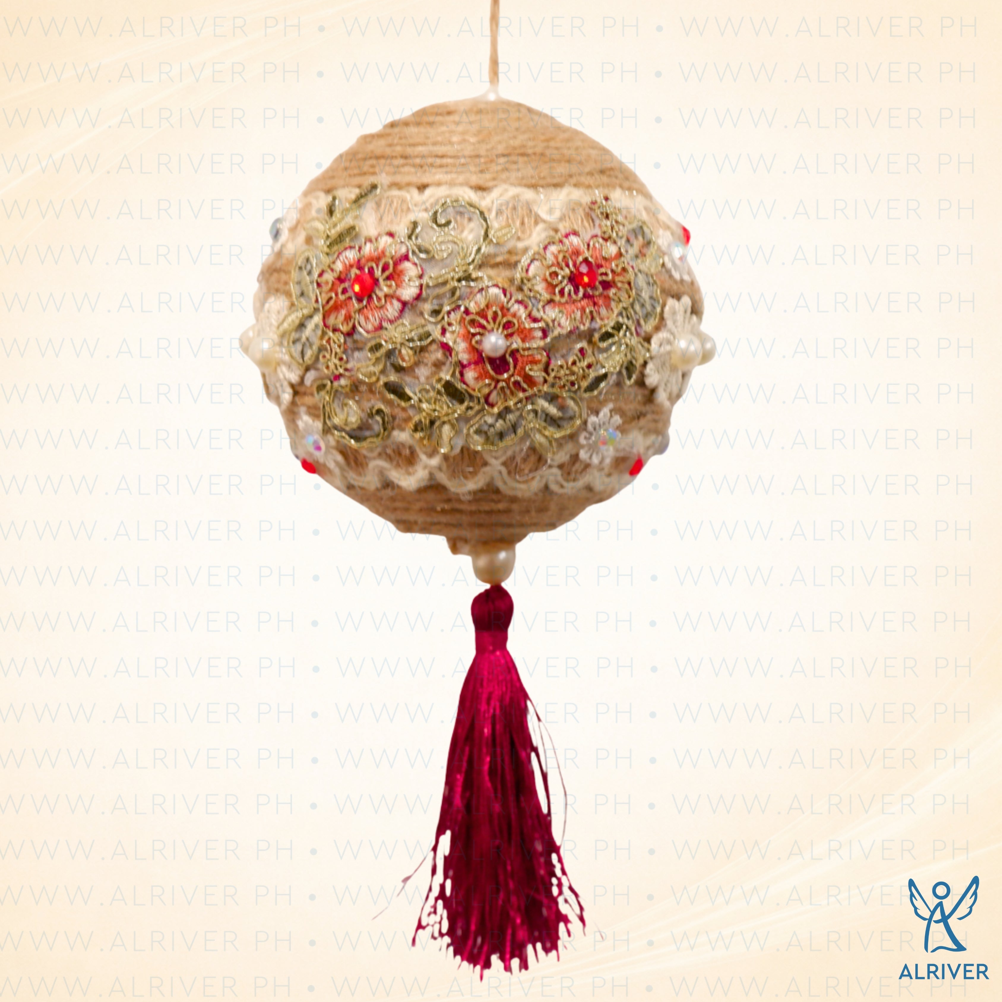 11 cm Nora Hanging Ball Ornament with Red & Beige flower with Red Tassel