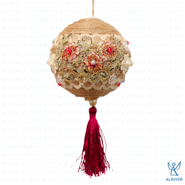 11 cm Nora Hanging Ball Ornament with Red & Beige flower with Red Tassel