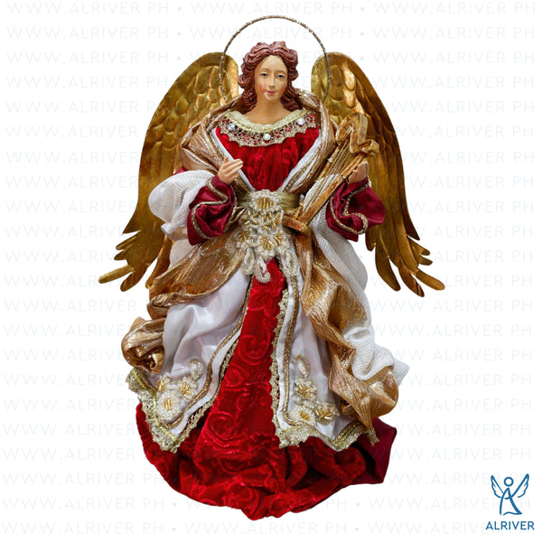 14" Elora Standing Angel with Harp, Beige Burgundy