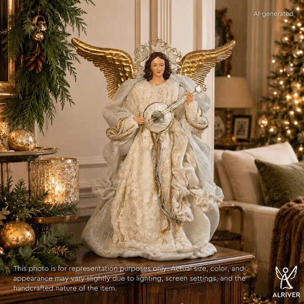 14" Perla Standing Angel with Capiz Halo and Guitar, Natural Tone