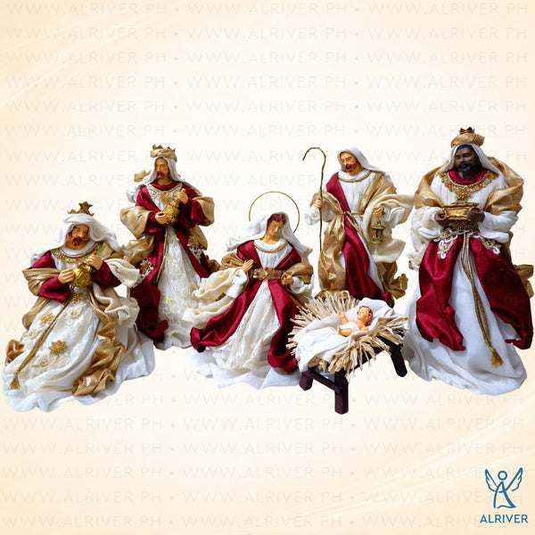 14" Rowan Nativity Set of 6, Beige Burgundy