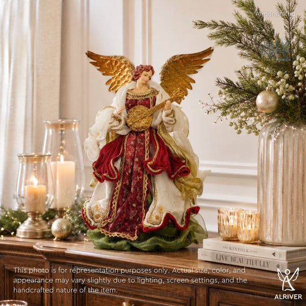 14" Samantha Standing Angel with Round Guitar, Burgundy Green