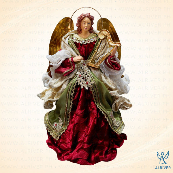 14" Samaria Standing Angel with Harp, Burgundy Green