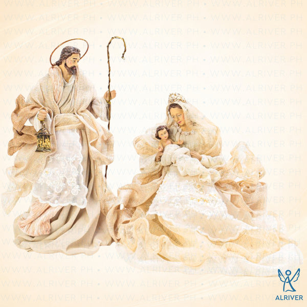 14" Santino Sinamay Holy Family with Embroidery on Base, Beige Natural