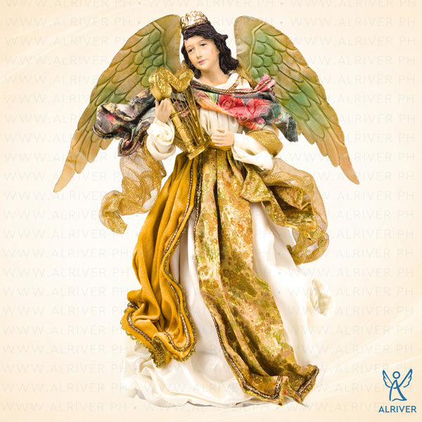 18" Sienna Standing Angel with Harp, Beige Mustard Yellow