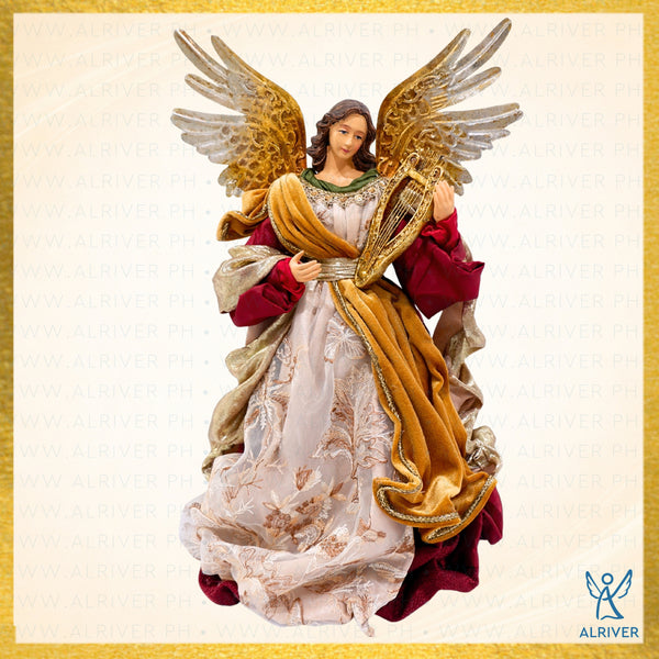 14" SINTA CHRISTMAS ANGEL WITH LYRE, BEIGE BURGUNDY
