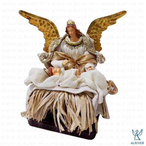 7" Serafina Kneeling Angel with Baby Jesus, Beige Gold