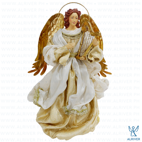 14" Dolores Standing Angel with Harp, Beige Gold