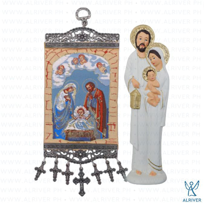 Holy Family Resin Figure with Hanging Woven Tapestry